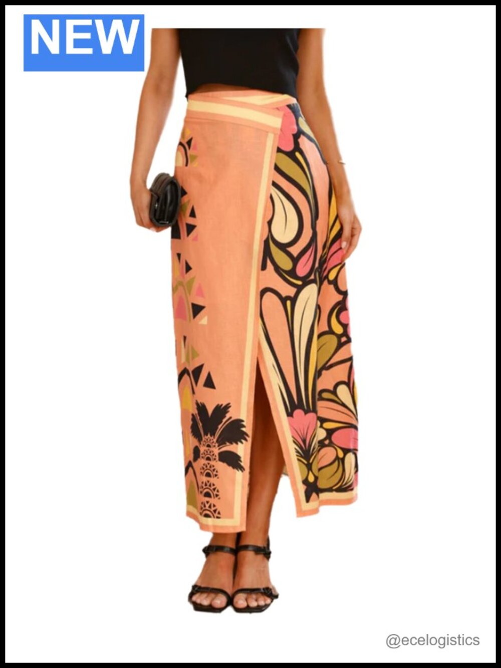 Floral Print High Waist Midi Skirt with Front Split - Picture 6 of 6